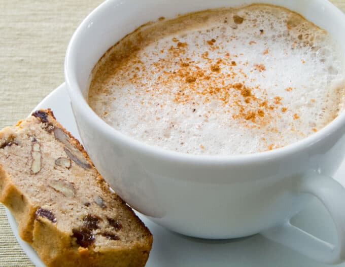 Dairy-free cappuccino with pecan raisin bread