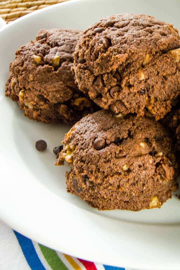 Chocolate chip brownie scones on white plate