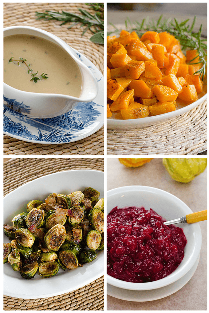 Easy Paleo Thanksgiving Recipes - gravy, roasted butternut squash, cranberry sauce, Brussels sprouts