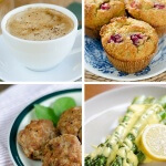 Gluten-free breakfast collage with latte, muffins, sausage and asparagus with Hollandaise sauce.