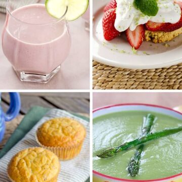 Strawberry smoothie, shortcake, lemon poppy muffins, asparagus soup