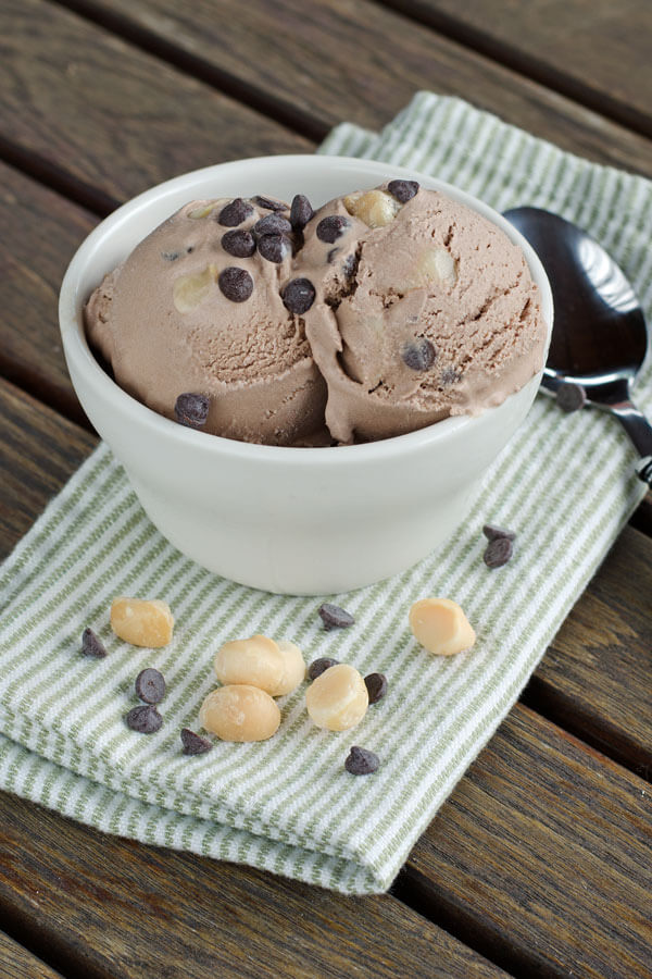 Non-dairy chocolate ice cream with chocolate chips and macadamia nuts