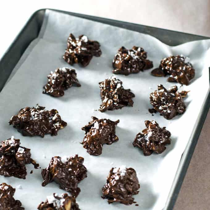 3-Ingredient Salted Chocolate Almond Haystacks are absolutely the easiest chocolate to make. All it takes is 3 simple ingredients and 20 minutes. Gluten, grain, and dairy-free | cookeatpaleo.com