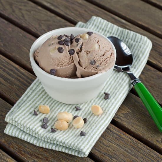 Chocolate ice cream with chocolate chips and macadamia nuts