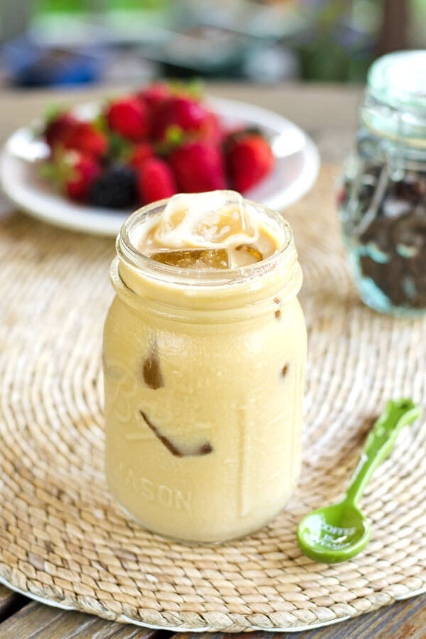 Dairy-free iced latte recipe using almond milk, coconut milk or cashew milk.