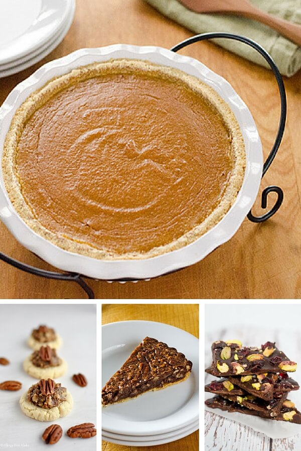 Pumpkin pie, pecan cookies, chocolate tart, and chocolate bark. 