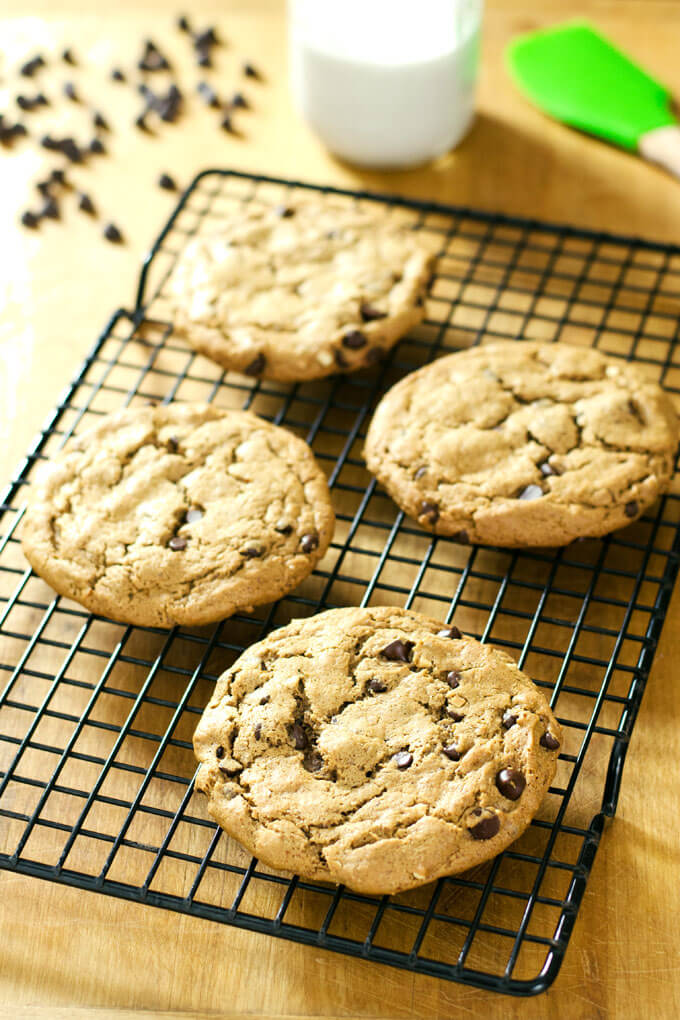 Almond butter chocolate chip cookies on cooling rack