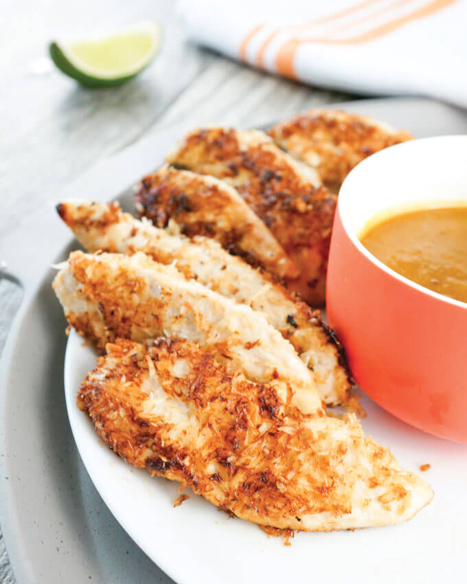 Coconut crusted chicken tenders with dipping sauce