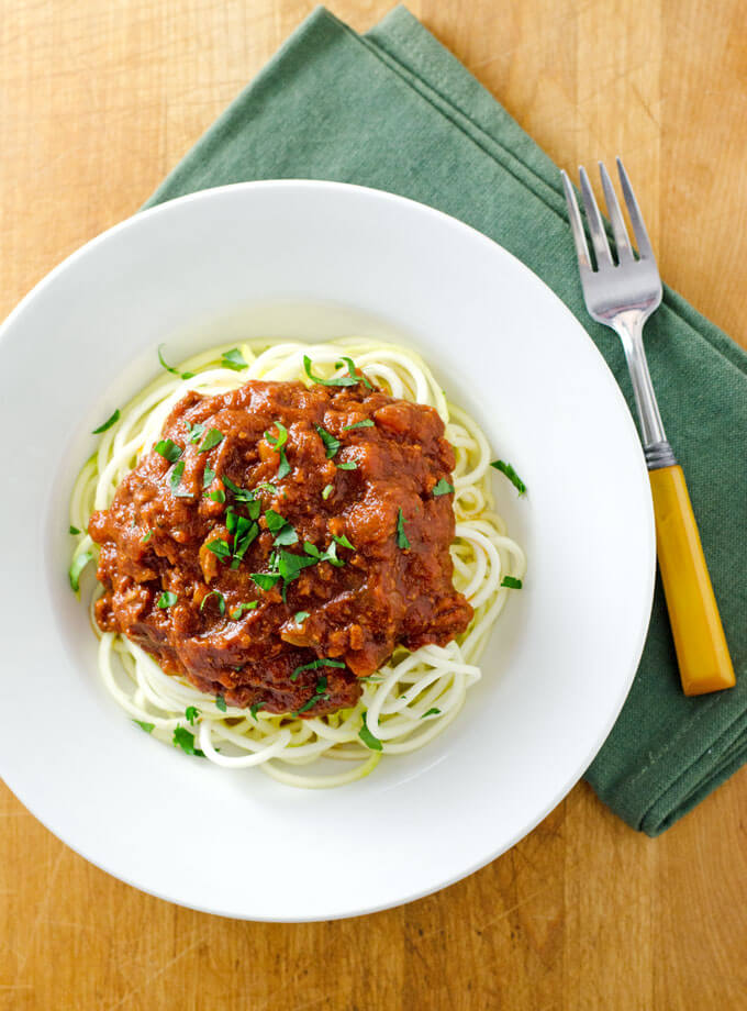 Bolognese sauce over zucchini noodles