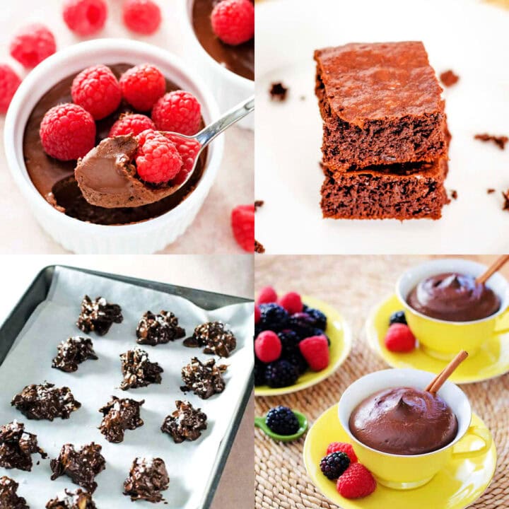 Healthy Valentine's Day treats including chocolate pot de creme, brownies, haystacks and chocolate mousse.