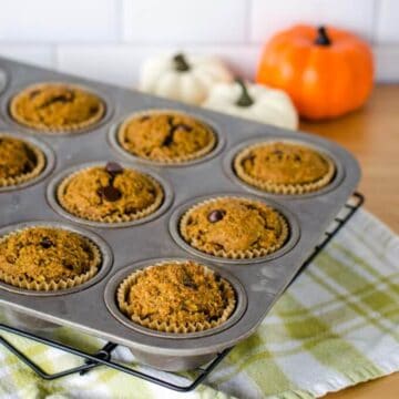Pumpkin chocolate chip muffins on rack with pumpkins