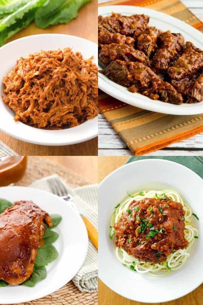 Whole30 slow cooker pulled pork, beef, turkey thigh, and Bolognese sauce over zucchini noodles