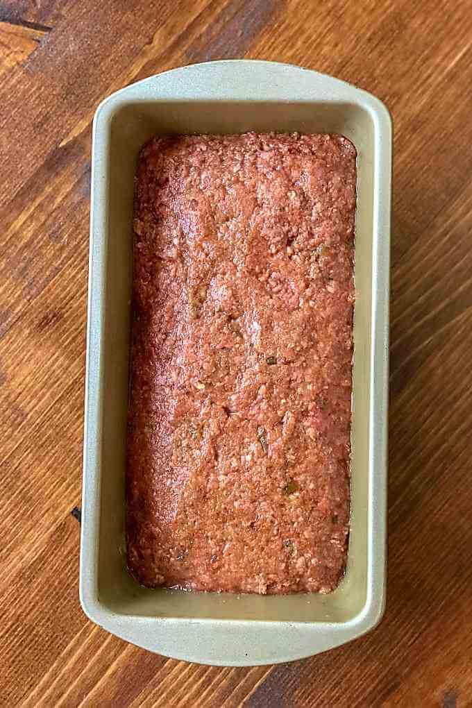 Keto meatloaf with ground beef ready to go in the oven