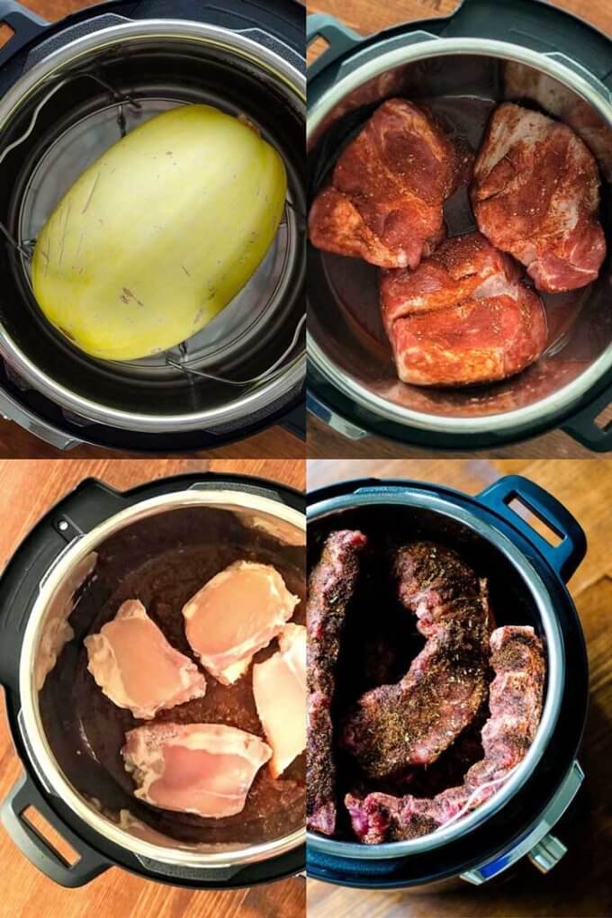 Spaghetti squash, pork shoulder, frozen chicken thighs and St Louis ribs in Instant Pot