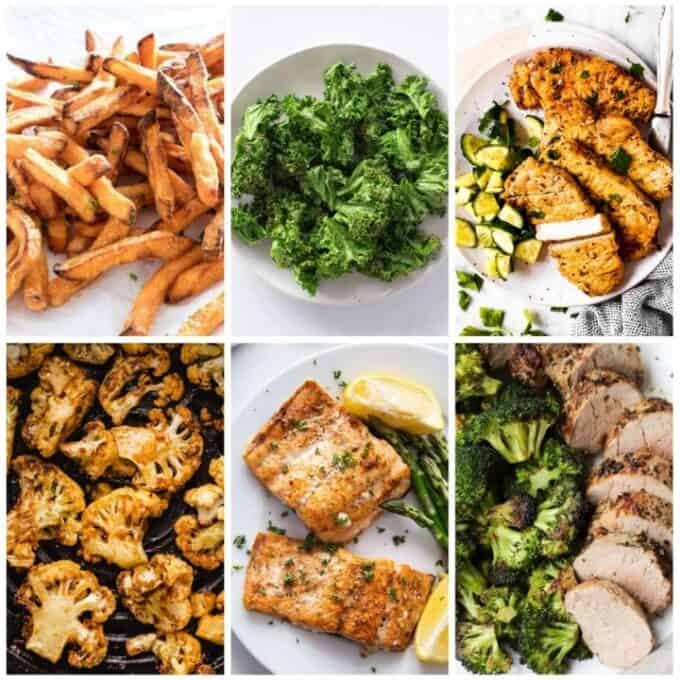 Whole30 air fryer fries, broccoli, chicken, cauliflower, salmon, pork