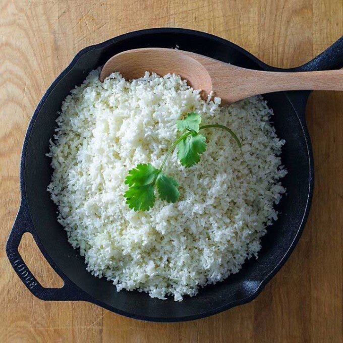Cauliflower rice in cast iron pan