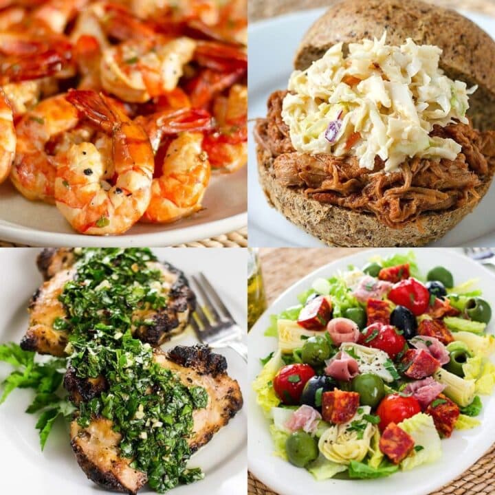 Easy dinner ideas for hot days including shrimp, pulled pork sandwich, grilled chicken and Italian chopped salad.
