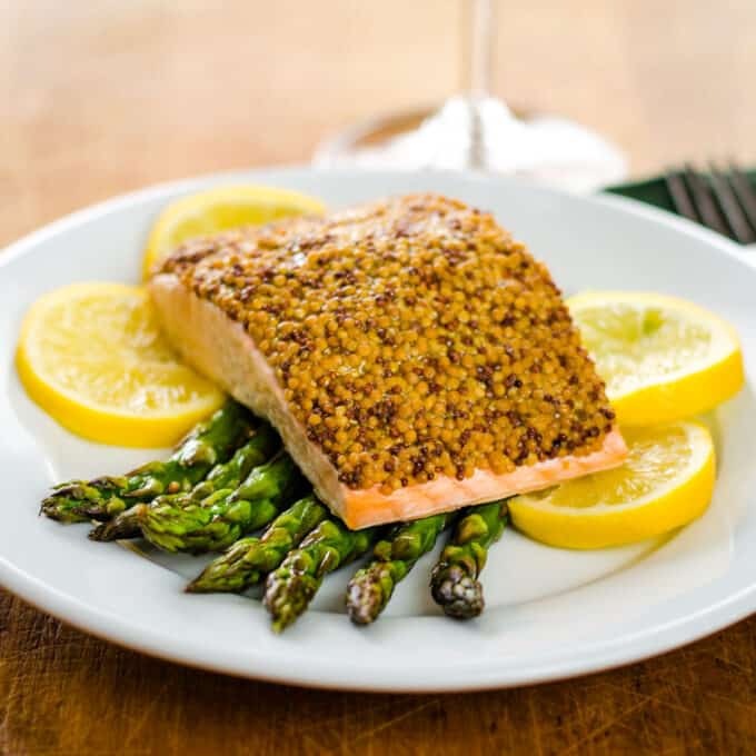 Mustard baked salmon and asparagus