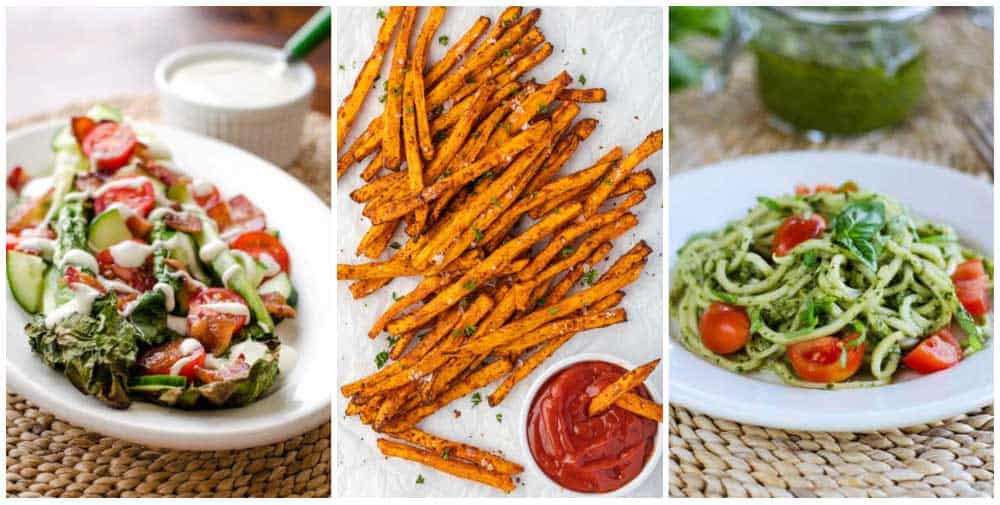 Salad, French fries, pesto zoodles