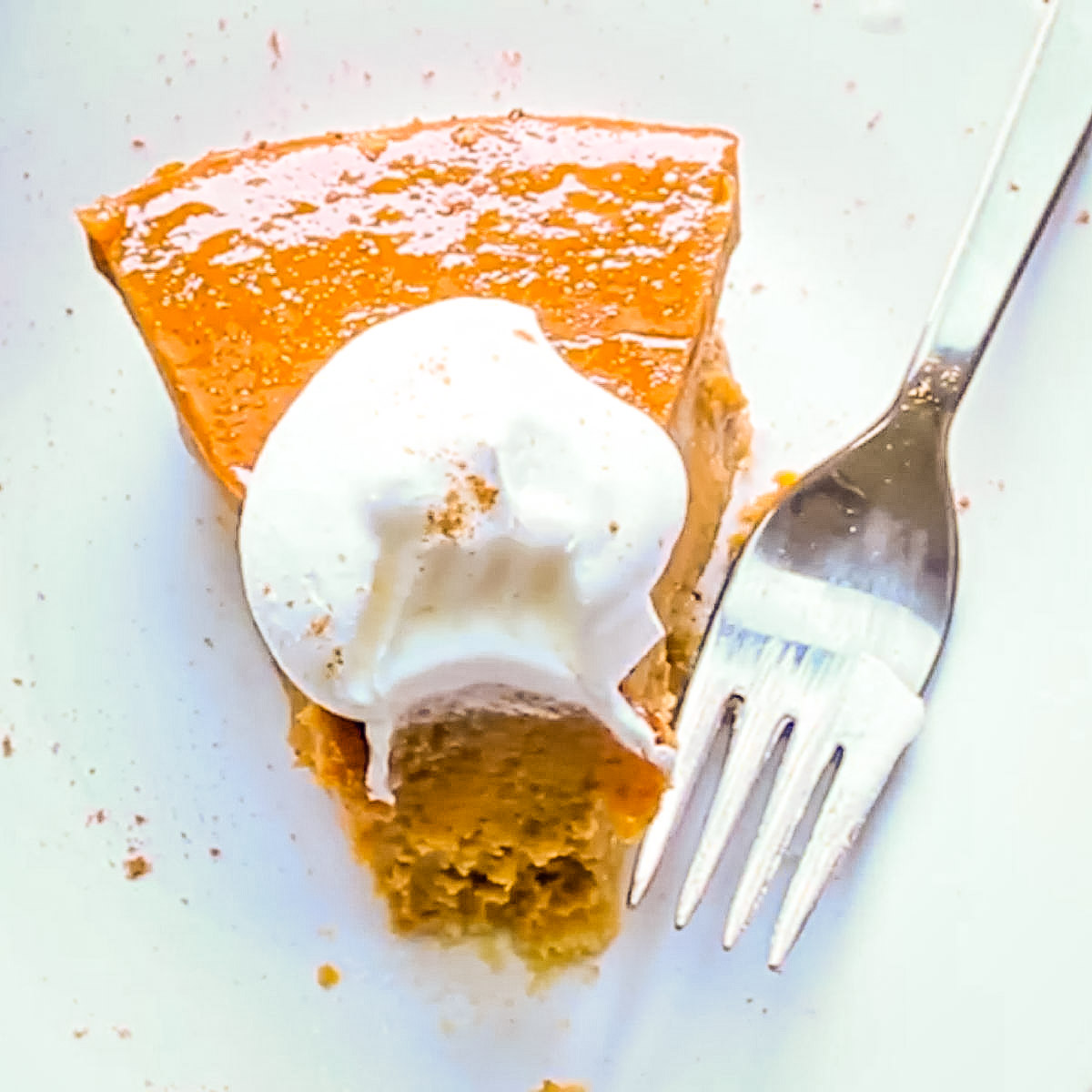 Slice of pumpkin pie with coconut whipped cream and fork