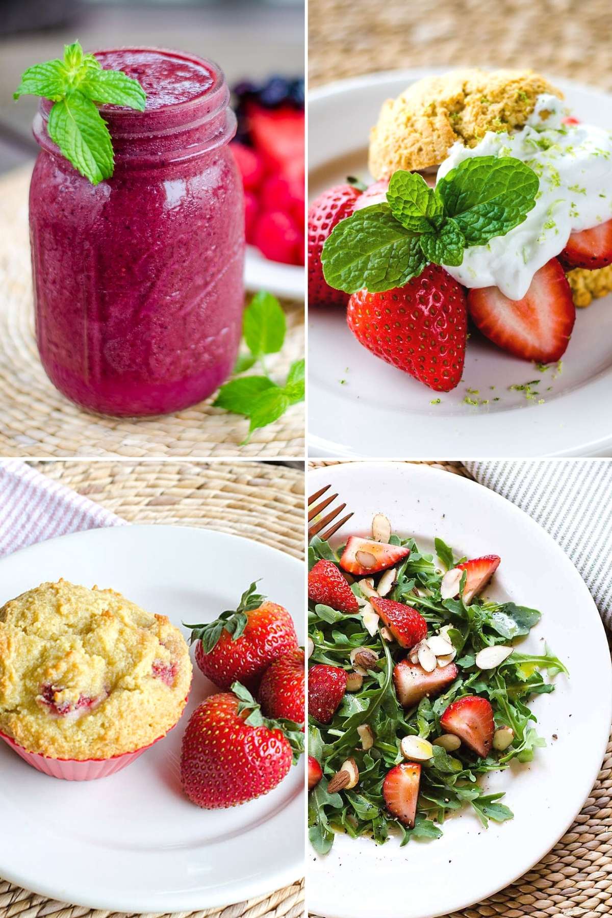 Watermelon berry smoothie, strawberry shortcake, muffins, salad