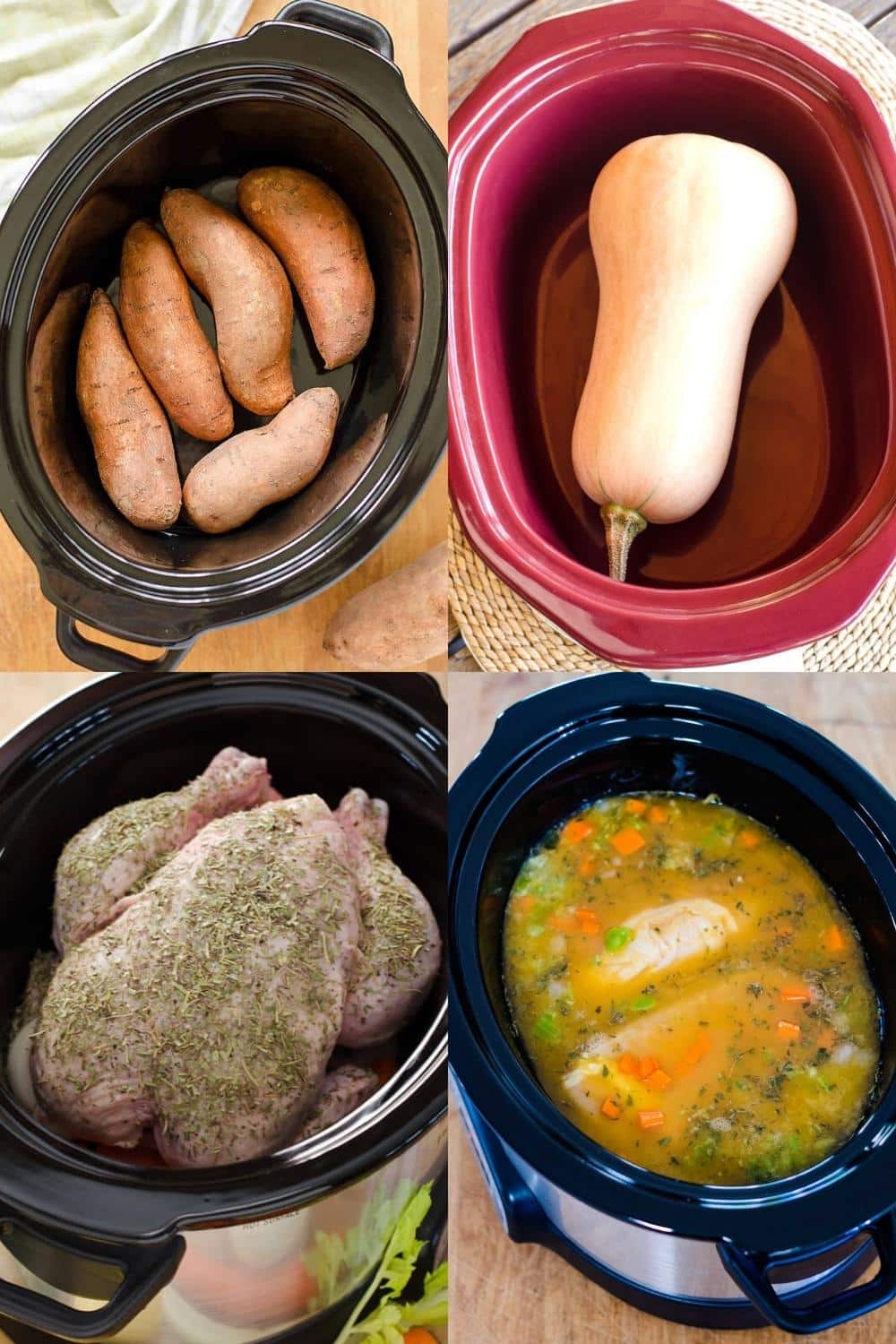 Slow cooker chicken, soup, squash, sweet potatoes
