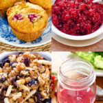 Cranberry recipes cranberry muffins, granola, salad dressing and cranberry sauce.