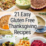 Gluten-free Thanksgiving side dishes including stuffing, mashed potatoes, pie and sweet potato casserole.