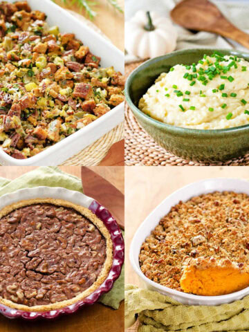 Gluten-free Thanksgiving side dish stuffing, mashed potatoes, pie and sweet potato casserole.