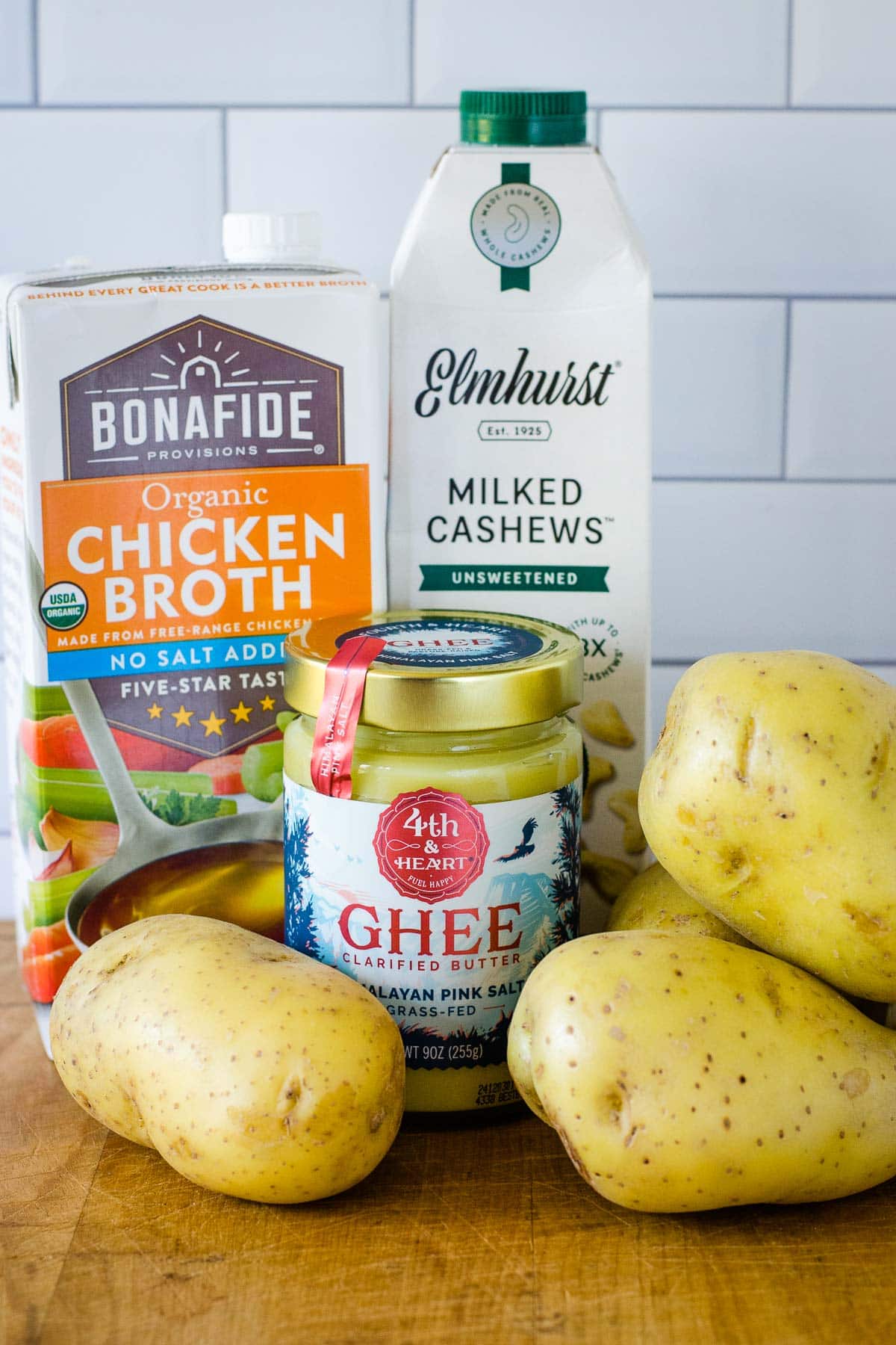 Chicken broth, cashew milk, ghee and whole potatoes.