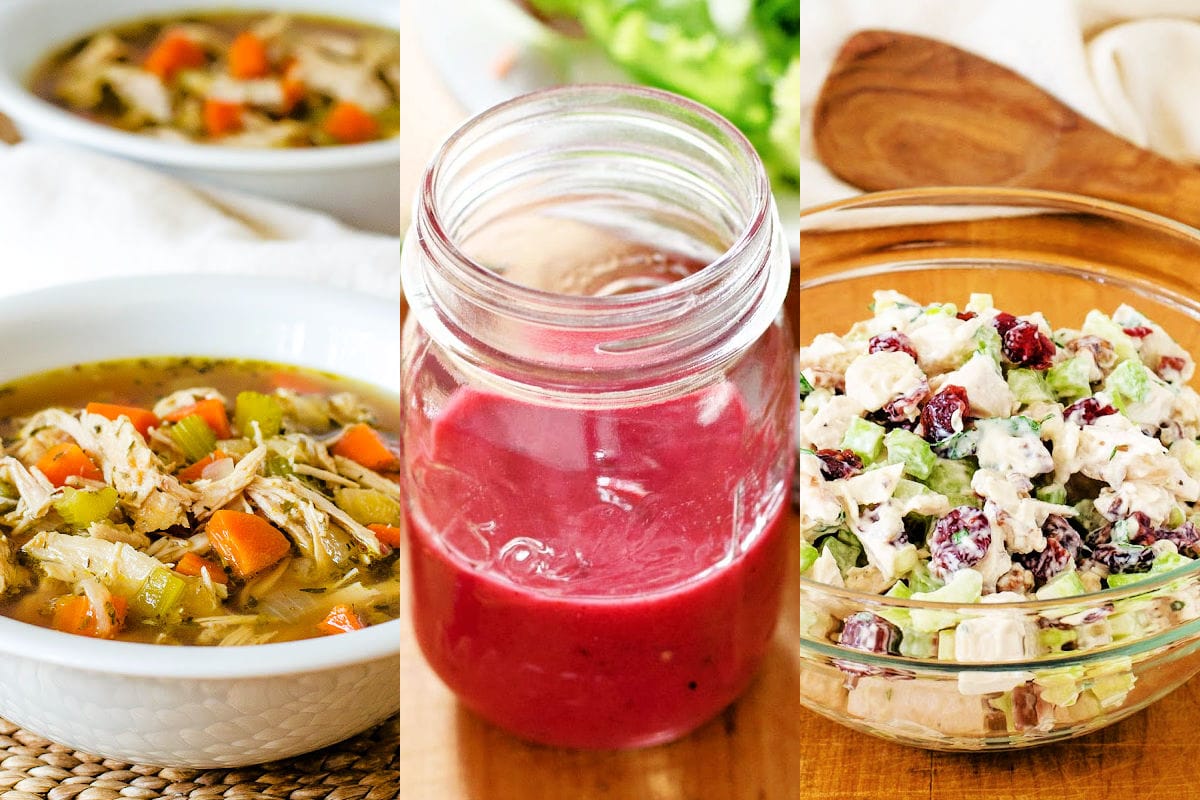 Thanksgiving leftover recipes turkey soup, cranberry dressing, soup and turkey salad.