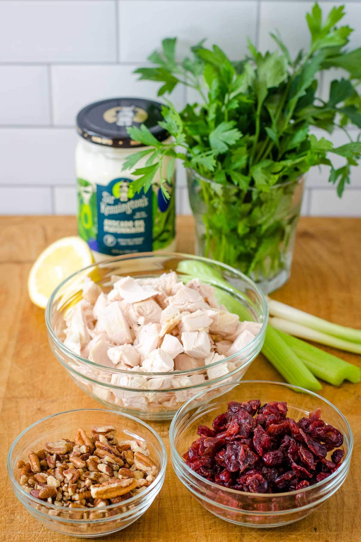 Lemon, mayo, parsley, chopped turkey breast, celery, green onions, chopped pecans and dried cranberries.
