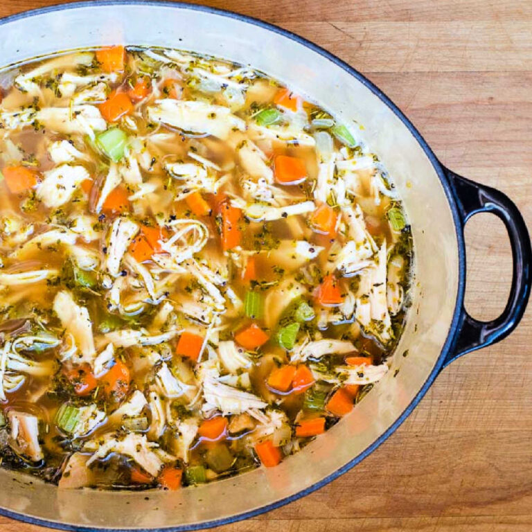 Turkey soup in pot.