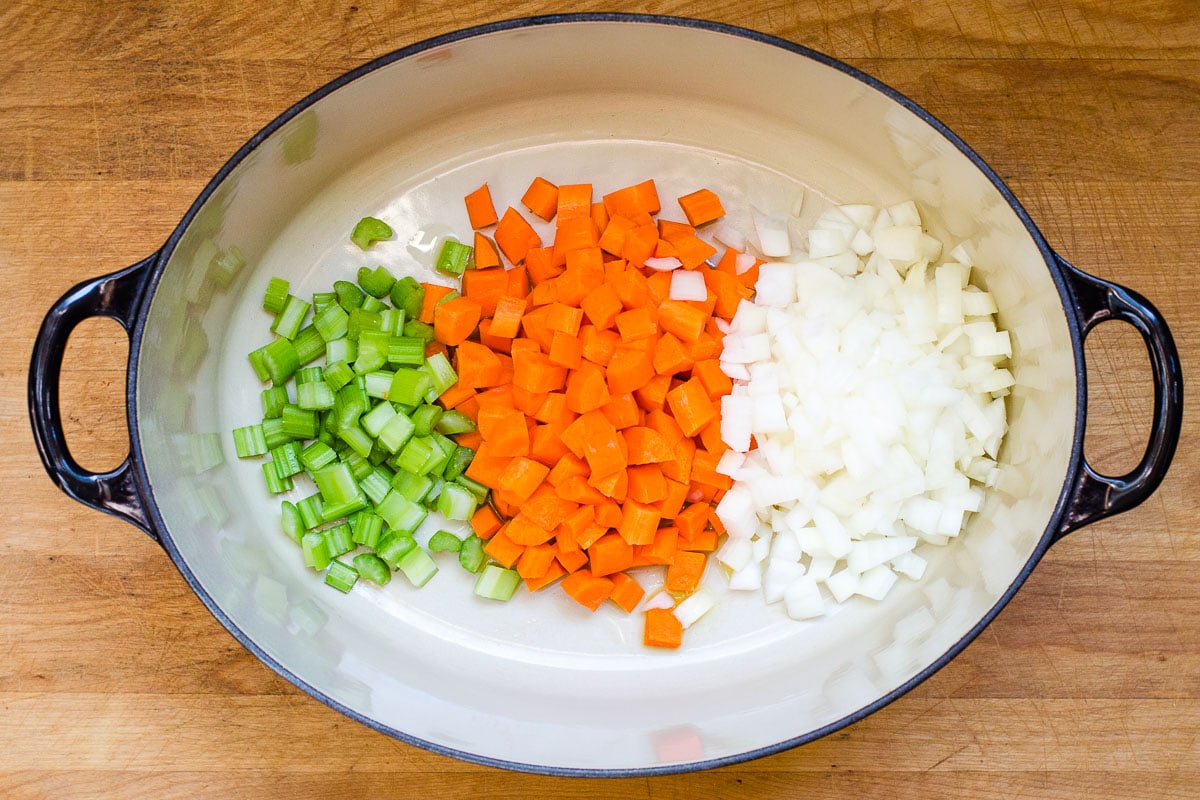 Diced celery, carrots and onion in a large Dutch oven pot.