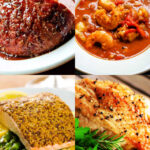 Christmas dinner ideas collage with ham, seafood stew, turkey breast and baked salmon.