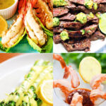 New Years Eve dinner ideas lobster tails with lemon butter, skirt steak with herb lime butter, asparagus with Hollandaise sauce and shrimp cocktail with lemon.