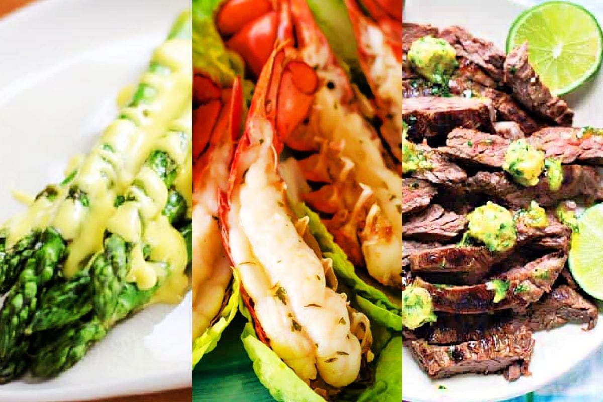 New Years Eve dinner ideas asparagus with Hollandaise sauce, split lobster tails and skirt steak with cilantro lime butter.