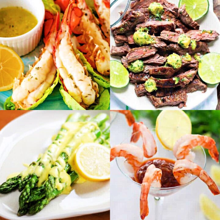 New Years Eve dinner ideas lobster tails with lemon butter, skirt steak with herb lime butter, asparagus with Hollandaise sauce and shrimp cocktail with lemon.