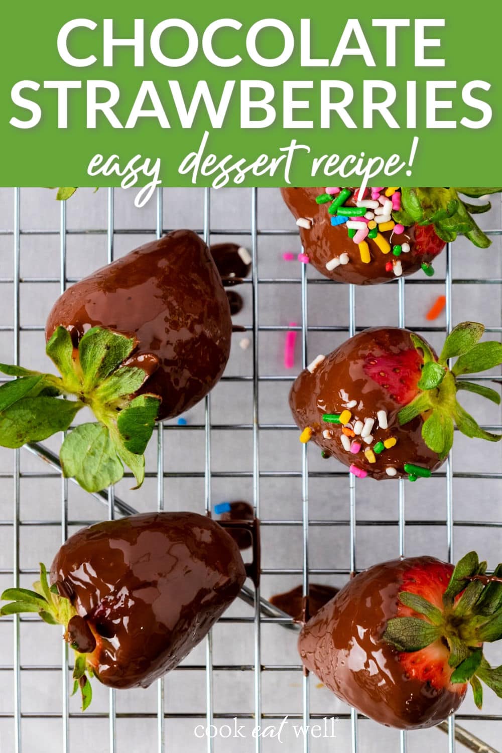 Chocolate strawberries easy dessert recipe with dipped berries on wire rack.