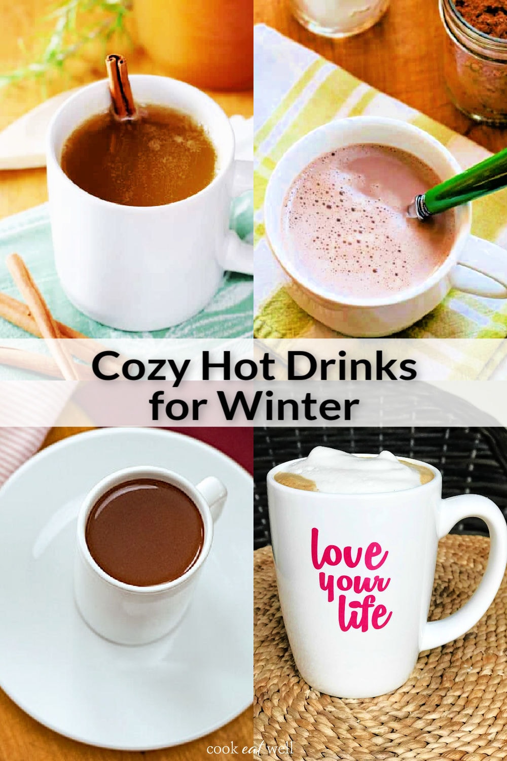 Cozy hot drinks for winter with mugs of hot apple cider, cappuccino and hot chocolate.
