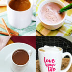 Mugs of hot apple cider, cappuccino and hot chocolate.
