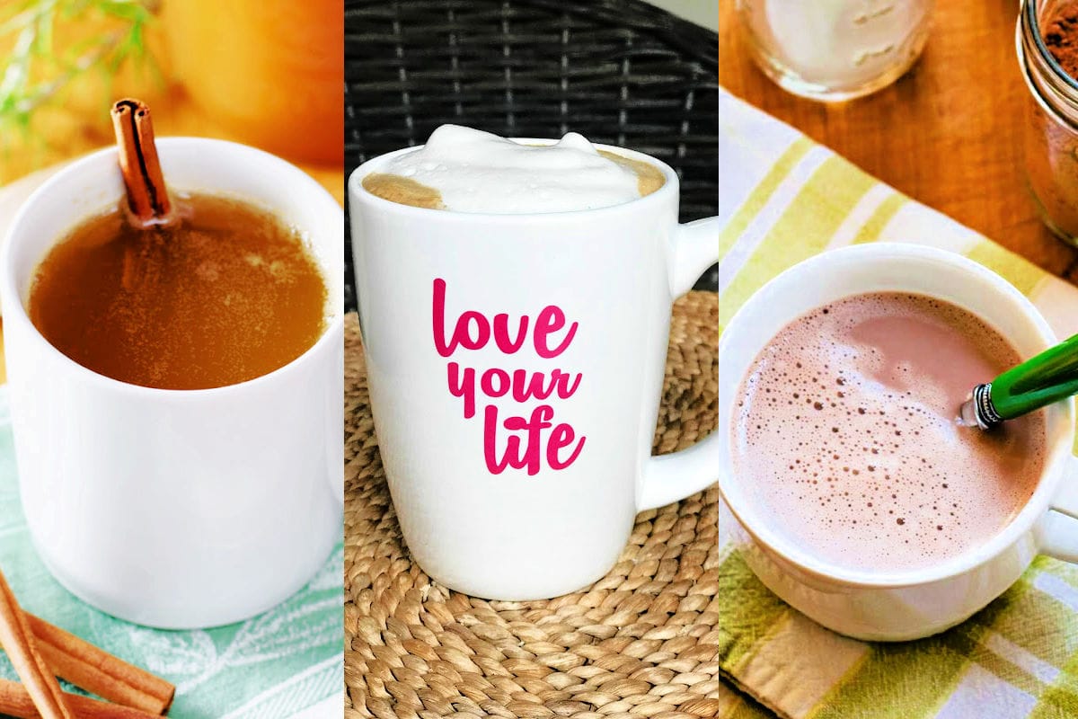 Mugs of hot apple cider, cappuccino and hot chocolate.