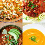 Winter dinner ideas with turkey soup, Bolognese sauce over pasta, chicken chili and butternut squash soup.
