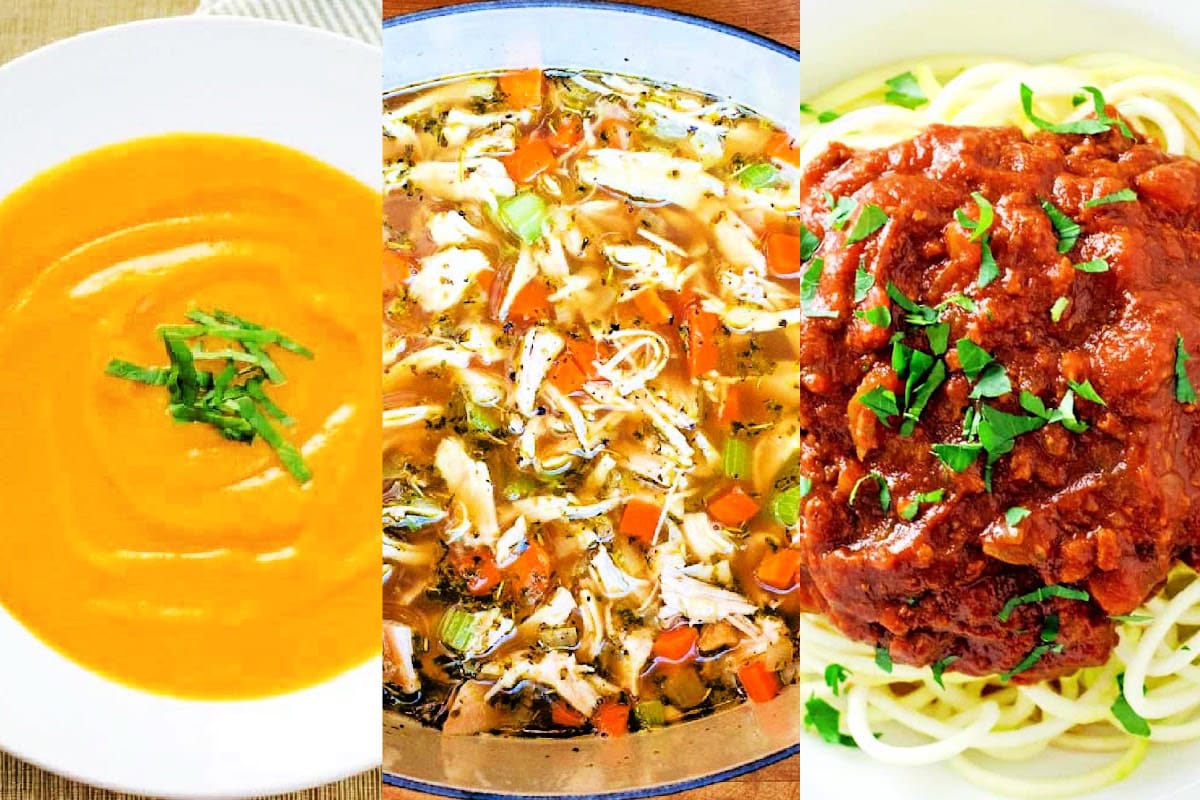 Winter dinner ideas with butternut squash soup, turkey soup, and Bolognese sauce over pasta.