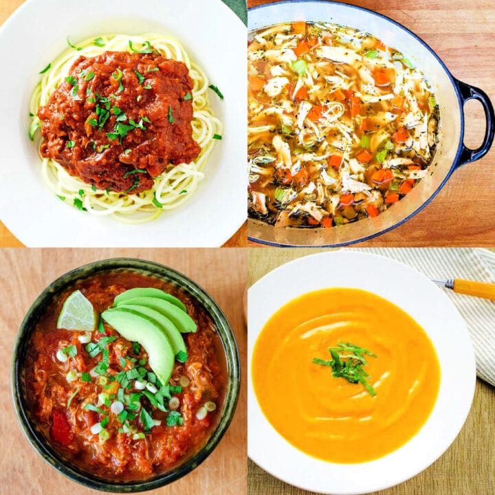 Winter dinner ideas with Bolognese sauce over pasta, turkey soup, chicken chili and butternut squash soup.