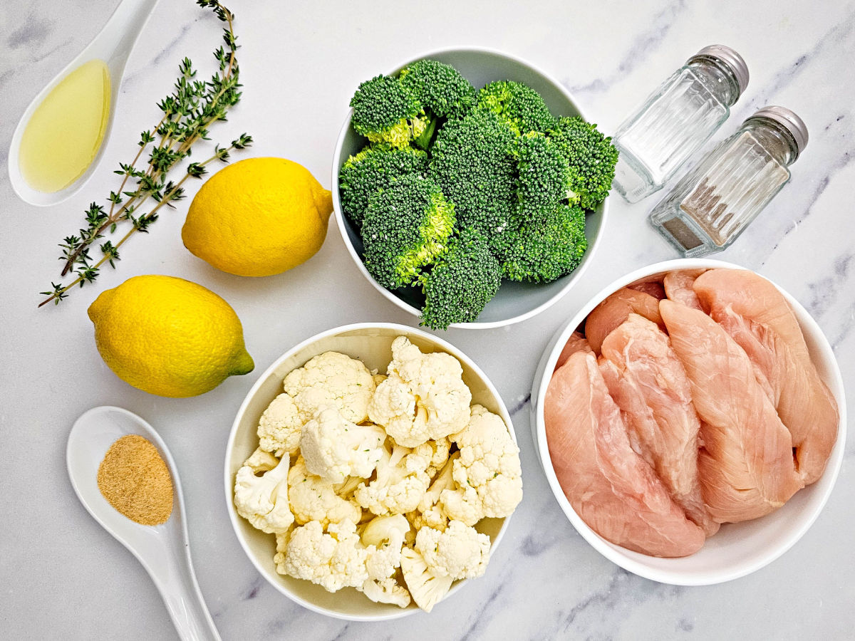 Chicken tenders, broccoli, cauliflower, lemons, spices and herbs.