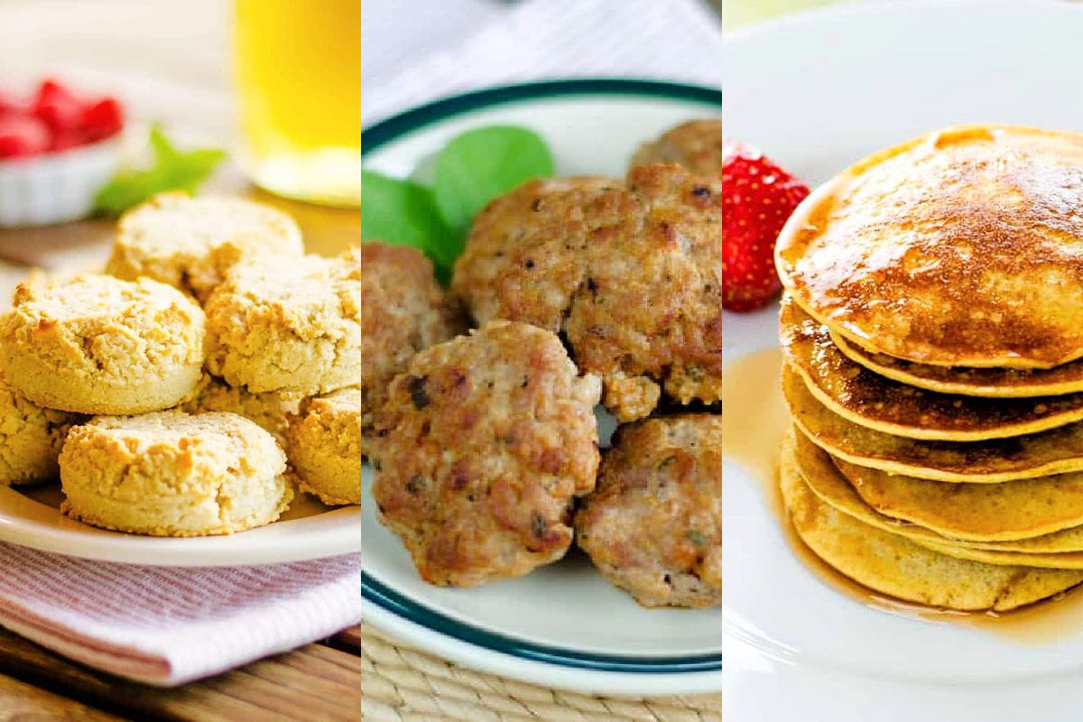 Biscuits, sausage and pancakes showing Father's Day brunch ideas.
