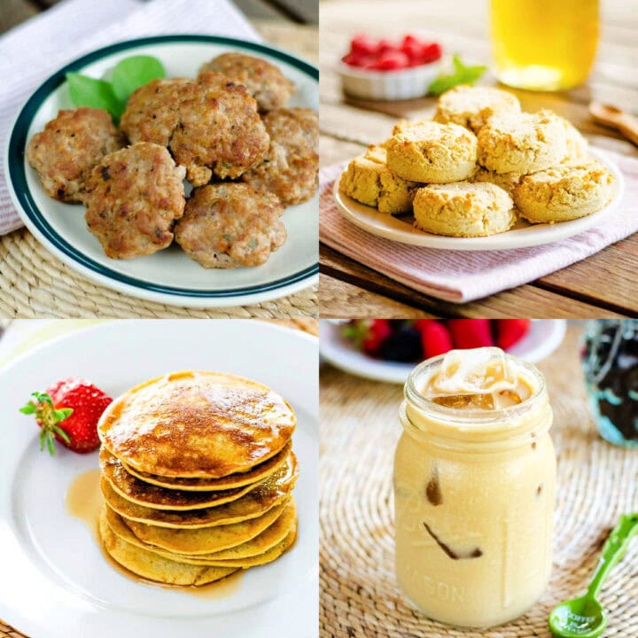Sausage, biscuits, pancakes and iced coffee showing Father's Day brunch ideas.