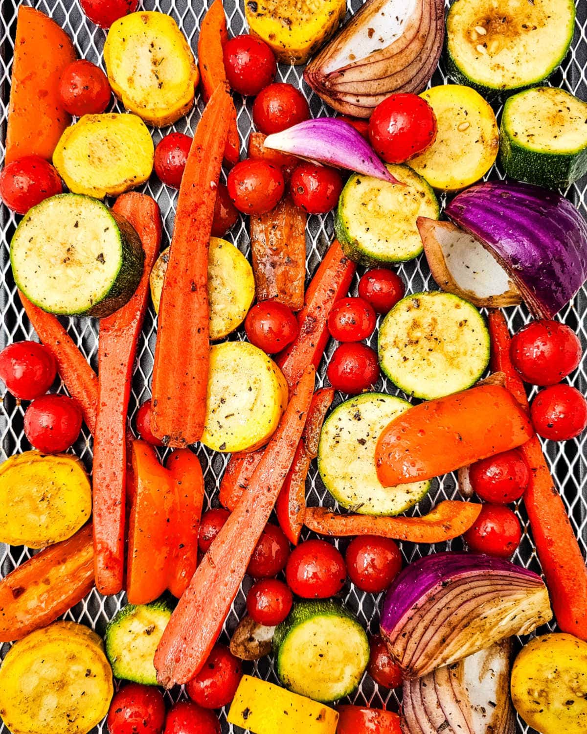Marinated veggies on rack.