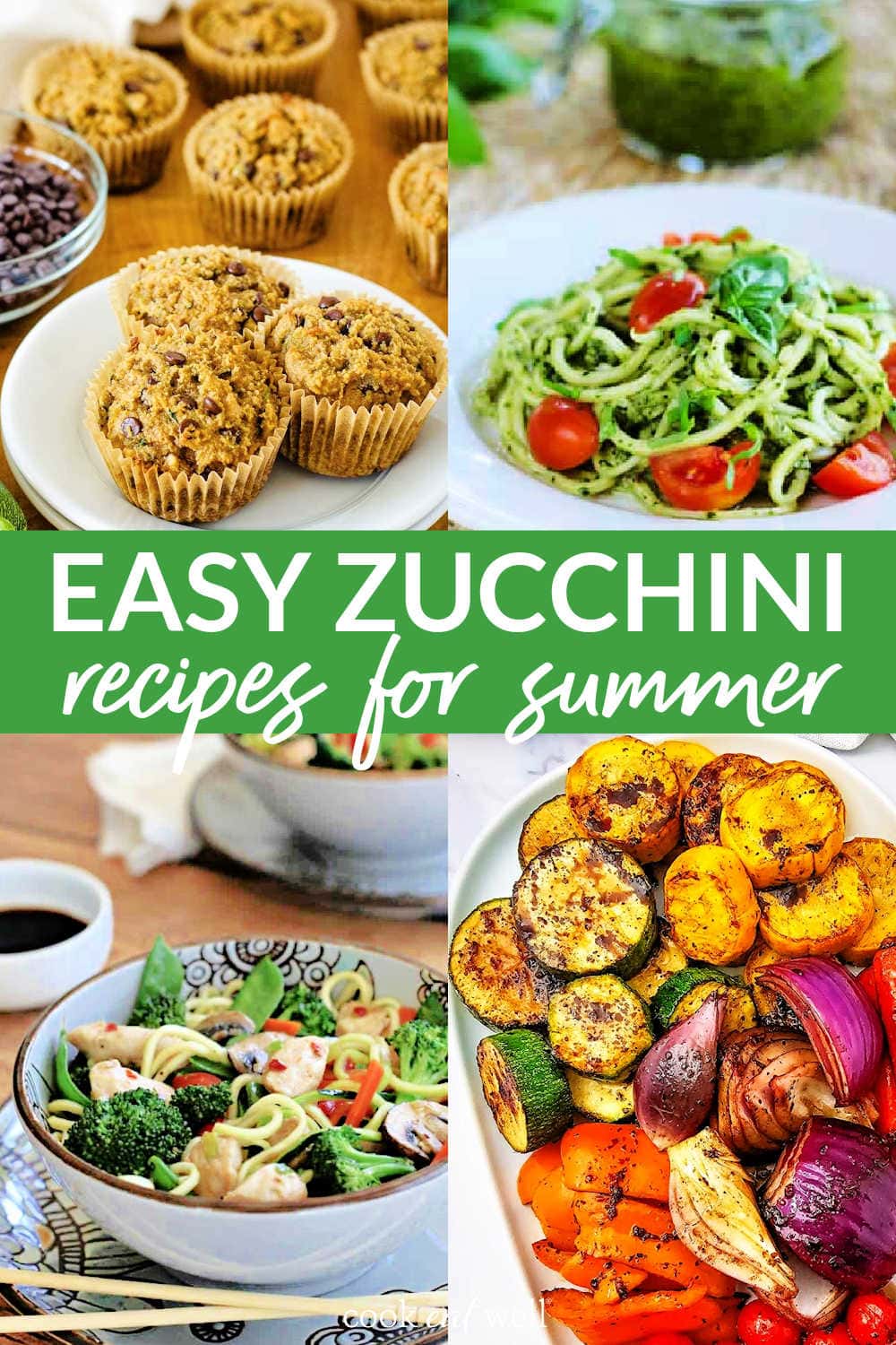 Easy zucchini recipes for summer with muffins, pesto, stir fry and grilled veggies.